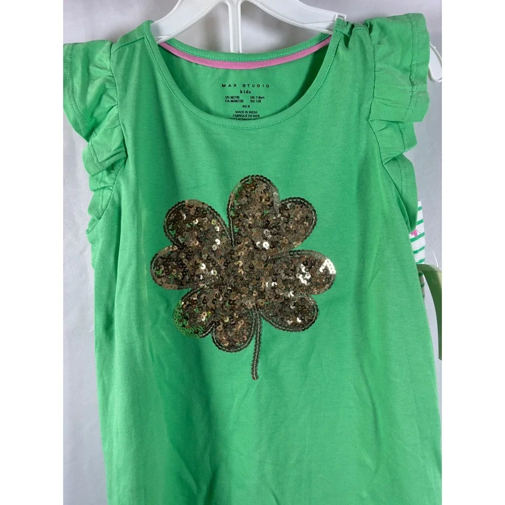 Max Studio Kids Girls Green Sequin Clover Top Leggings Set St‎ Patricks Day 7/8